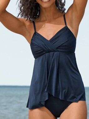 Garnet Hill Ruched Overlay One Piece Swimsuit Navy Blue Modest